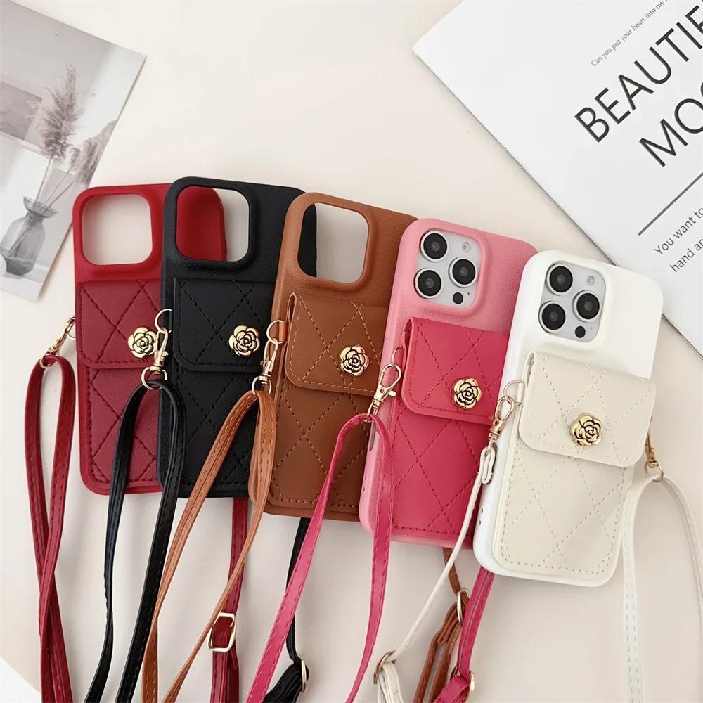 Crossbody Lanyard Phone Case for IPhone 16 Pro Max 15 14 Plus 13 12 11 XS XR X Card Holder Wallet Shockproof PU Leather Cover
