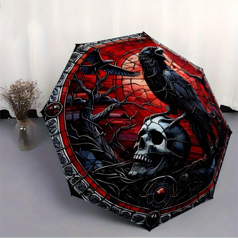 1pc Raven Skull Stained Glass Automatic Open/close Folding Umbrella, Compact Portable Travel Umbrella, Perfect Birthday/Christmas, Cute Umbr