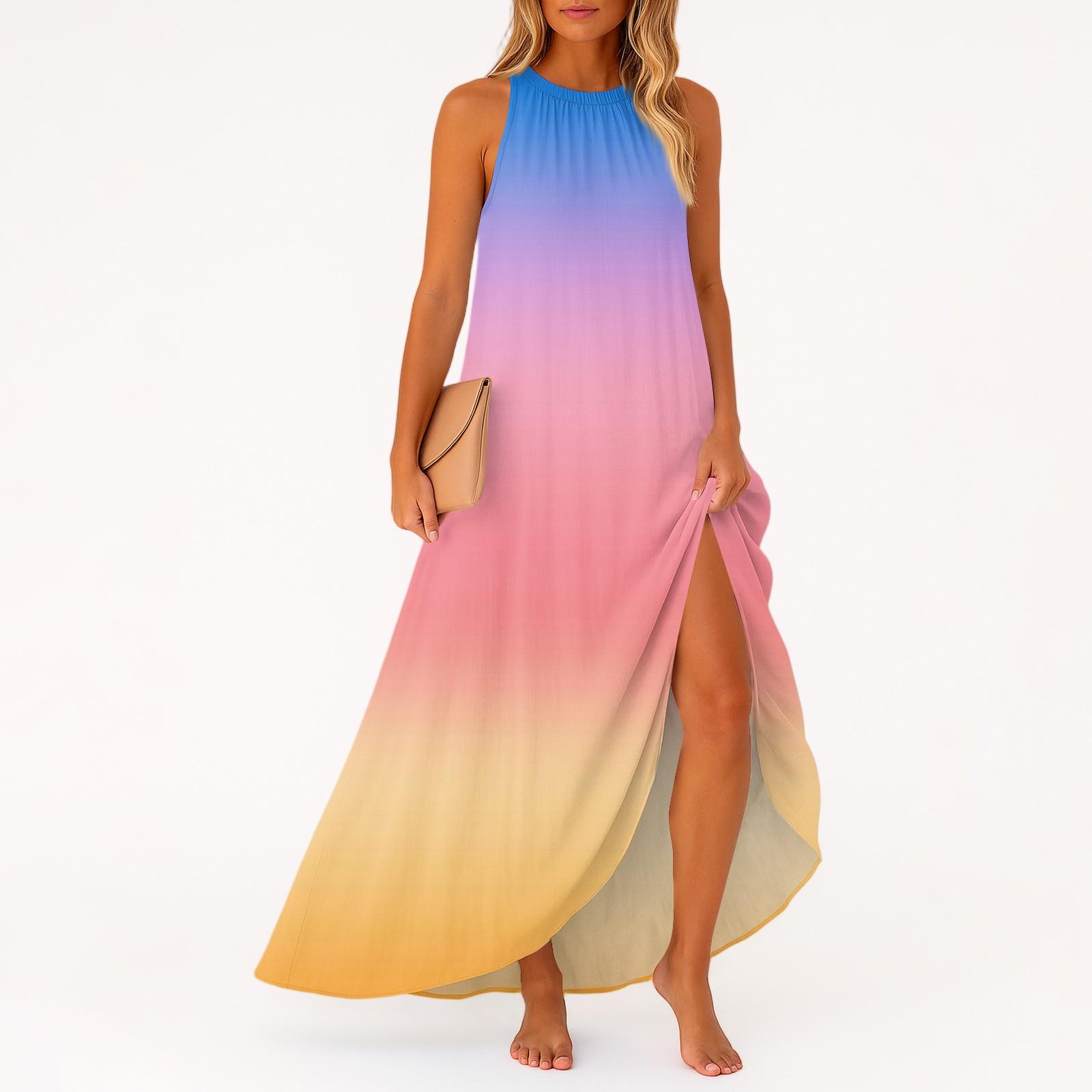 

Женское повседневное и модное платье средней длины без рукавов с круглым вырезом XL розовый