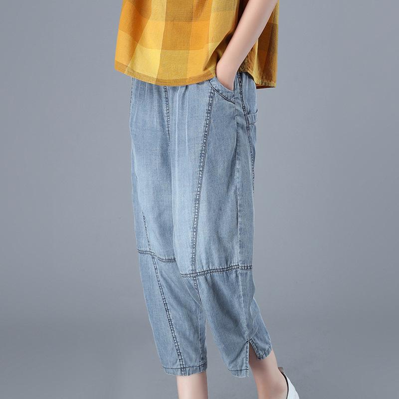 

2024 Летние повседневные джинсы прямого кроя в корейском стиле: Утягивающие большие размеры, универсальные брюки длиной семь восьмых XXXL джинсовый синий