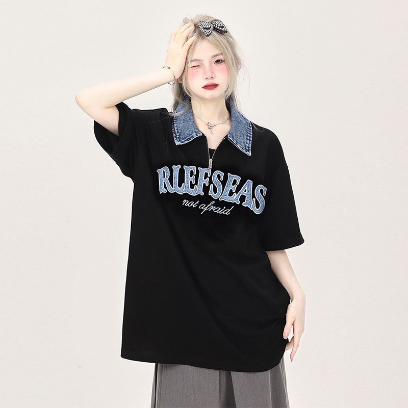 

Extra Large Chubby Girl American vintage Denim Polo Collar Short sleeve T-shirt Women Summer Casual Loose Half Sleeve Top Fashion Black [High-Quality Fabric] 3XL