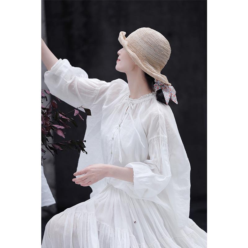 2022 Summer Women s Pure Ramie White Puff Sleeve Loose Casual Shirt L белый