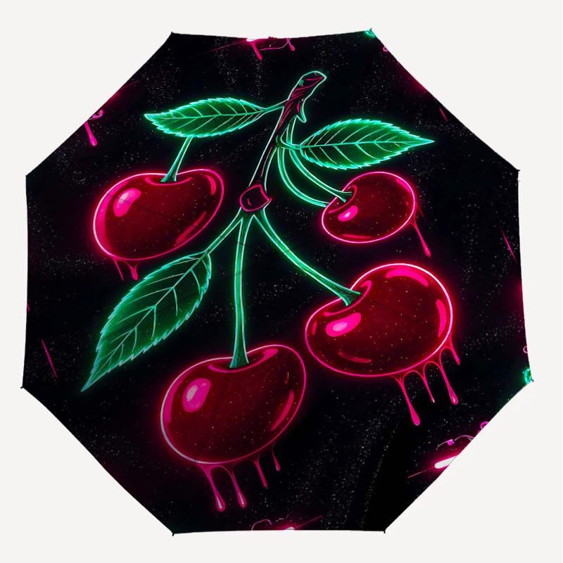 1pc Cherries Neon Automatic Open/Close Umbrella Compact Folding Umbrella with 8-Rib Shaft for Women/Men, Elegant Birthday1180S