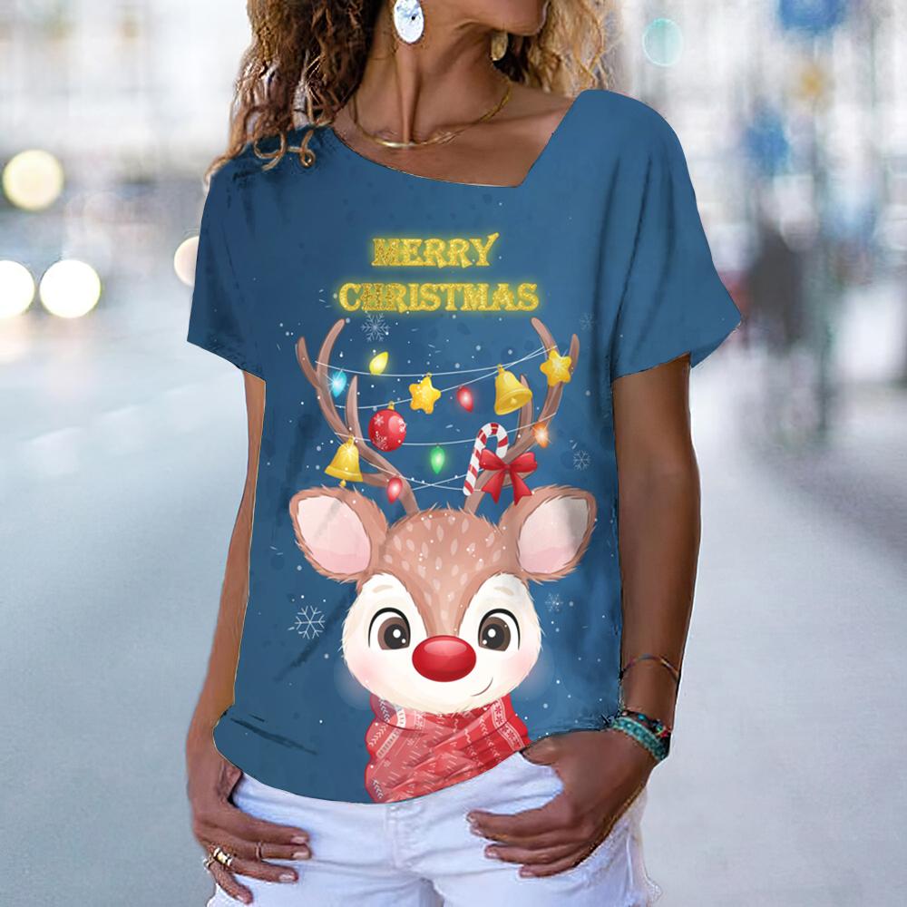 Christmas Elk Print Women's T-Shirt Kawaii Fashion Woman Clothing Oversized V-Neck Ladies Short Sleeve Tops Casual Pullover Tee