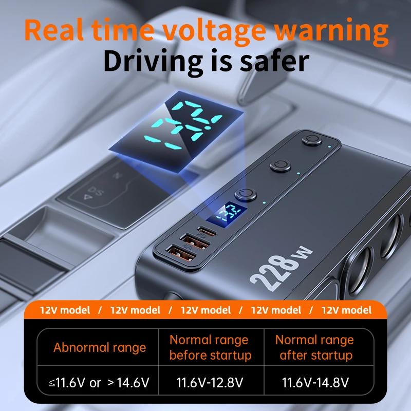 228W Car Charger Splitter 9 In 1 PD QC3.0 Fast Charging Adapter with Independent Switches 3 Cigarette Lighter Sockets 12V 24V