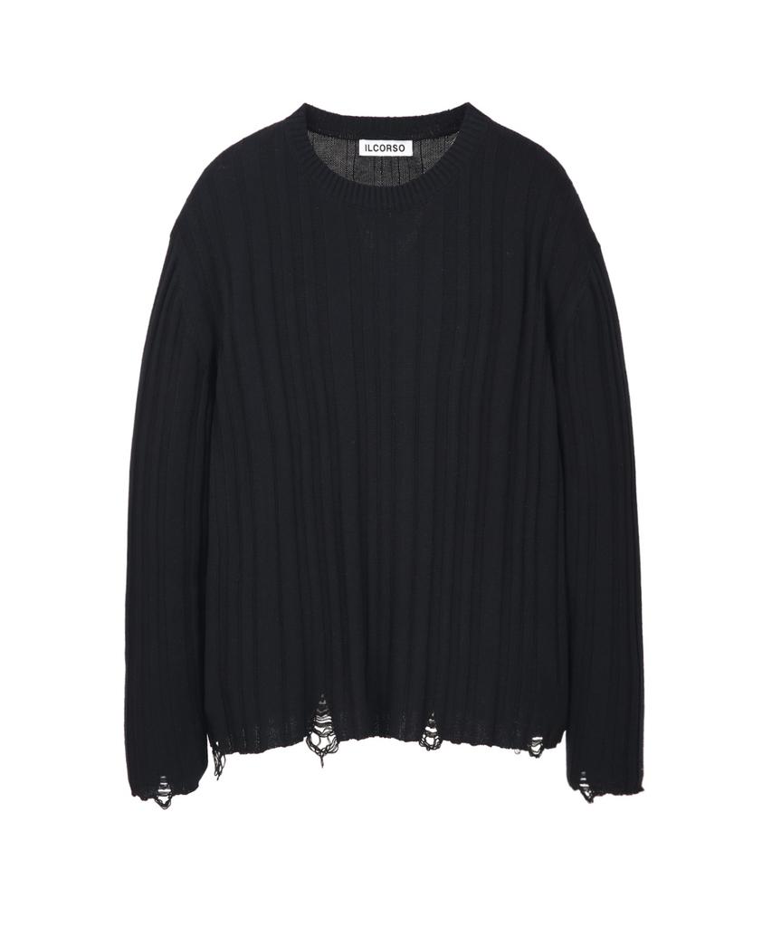 IL CORSO Grunge Ribbed Round Neck Knit Black
