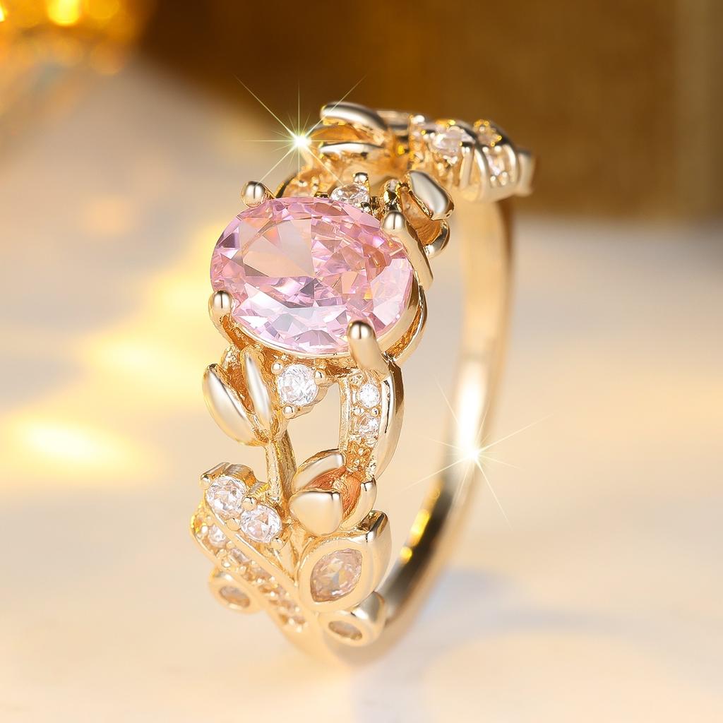 Cute Female White Pink Zircon Stone Ring Vintage Gold Color Wedding Jewelry For Women