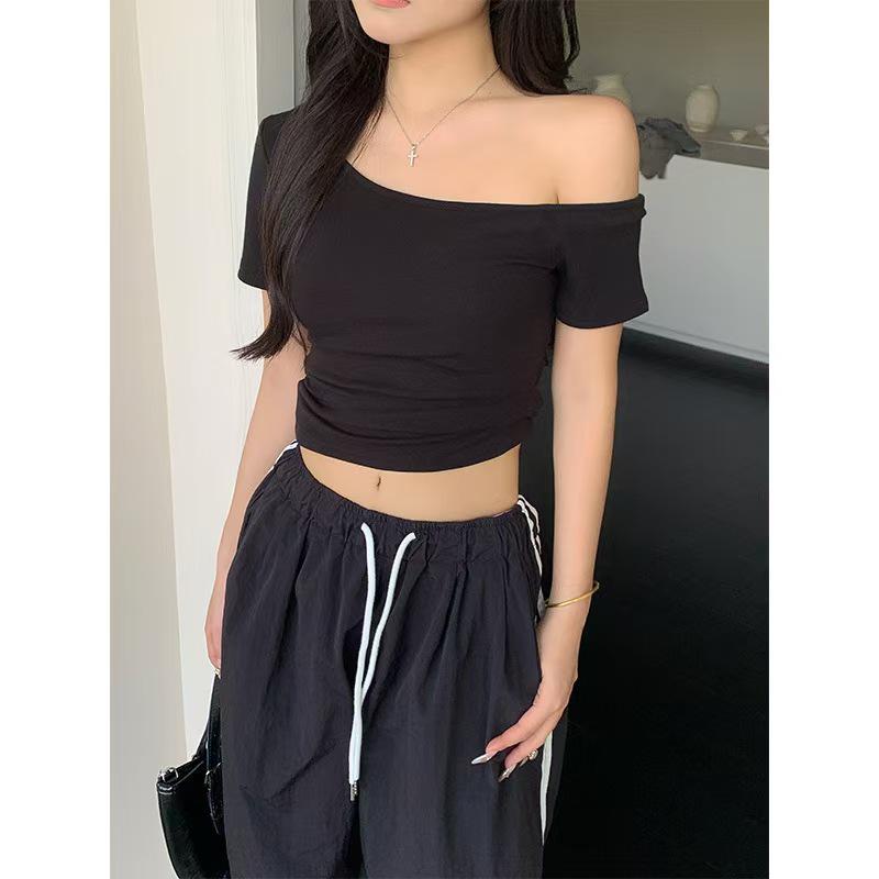 2025 Summer Trendy Off-Shoulder Crop Top for Women - Slim Fit, Short Sleeve