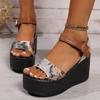 Large size thick-soled wedge heel sandals women's summer wind printing heightening sandals women
