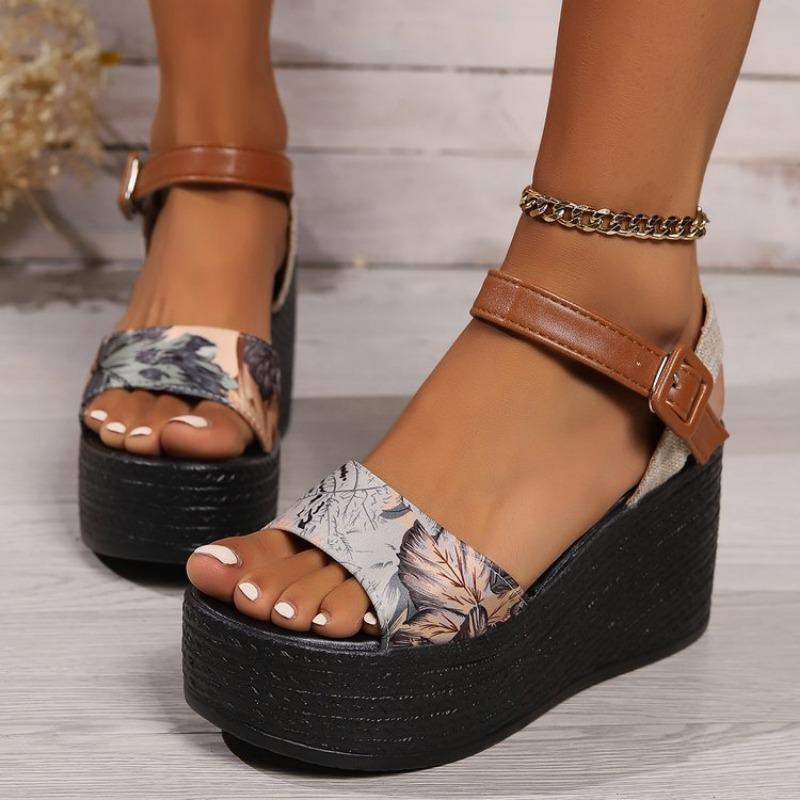 Large size thick-soled wedge heel sandals women's summer wind printing heightening sandals women