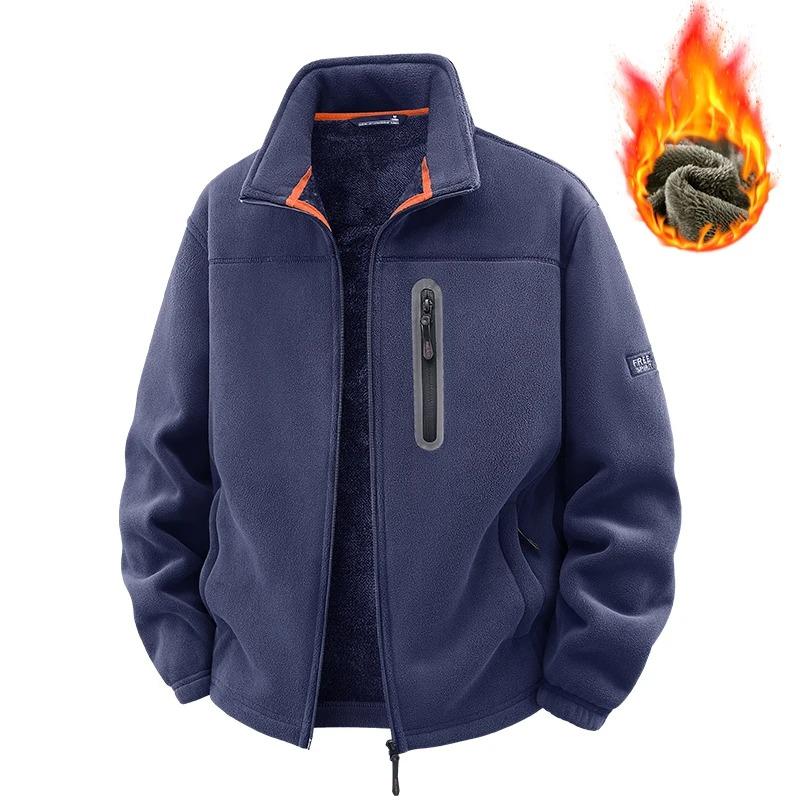 Solid Men's Fleece-Lined Bomber Jacket Winter Windproof Stand-Collar Zip-Up Thicken Warm Plush Coat Fashion Clothing