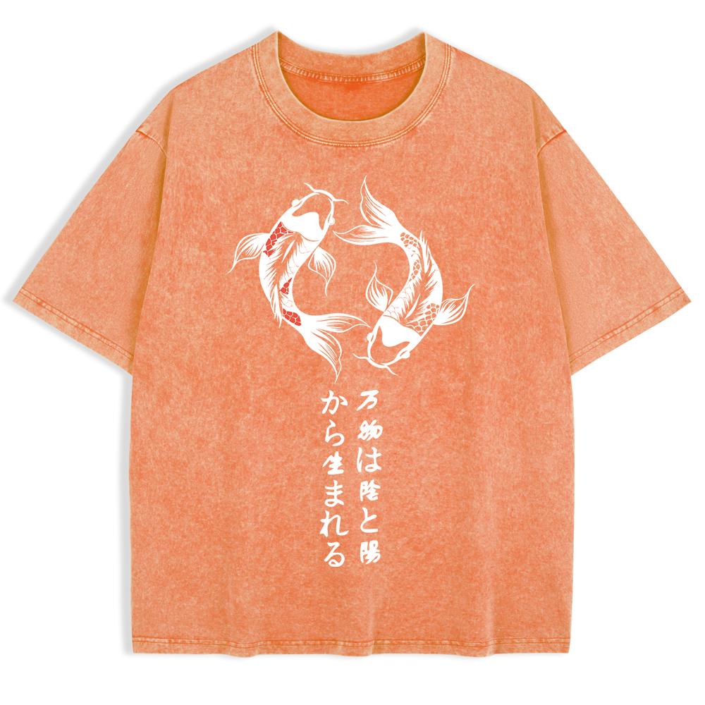 Japanische Koi Harajuku Drucke Gewaschene T-Shirts Herren Baumwolle Oversize T-Shirt Sommer Rundhals Kurzarm Oberteile Kleidung
