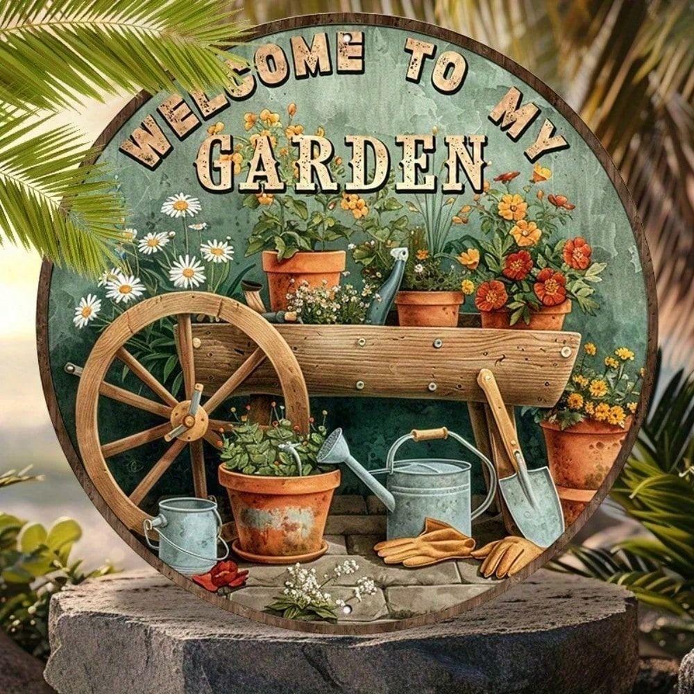 Vintage Welcome To My Garden Round Metal Sign 8x8 Inch Outdoor Wall Decor