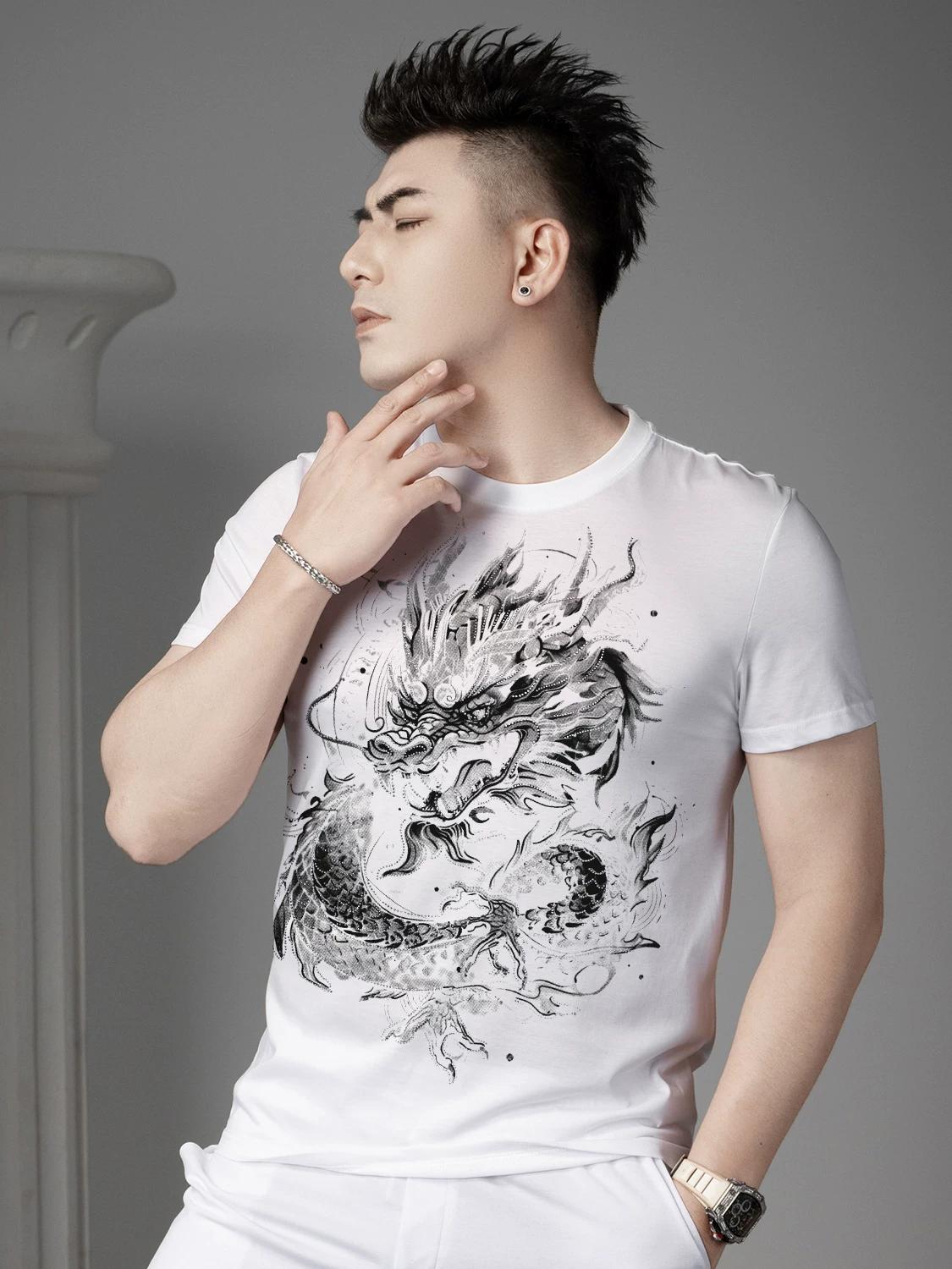 2025 Summer New Trendy Brand Dragon Totem Print Rhinestone Short-Sleeve T-Shirt Men s Casual Top Half-Sleeve Tee Shirt 2XL белый