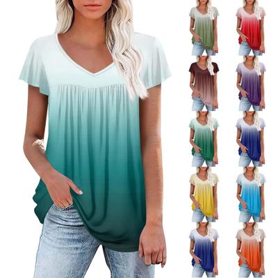 Women's Tunic Tops Elegant Casual Summer Short Sleeve Shirts Floral Loose Pleated Bohemian Tops