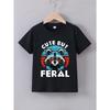 European Sizes Boys' Summer Short Sleeve "Cute But Feral" Raccoon Graphic T-Shirt - Casual Round Neck Tee with Colorful Raccoon & Letter Print