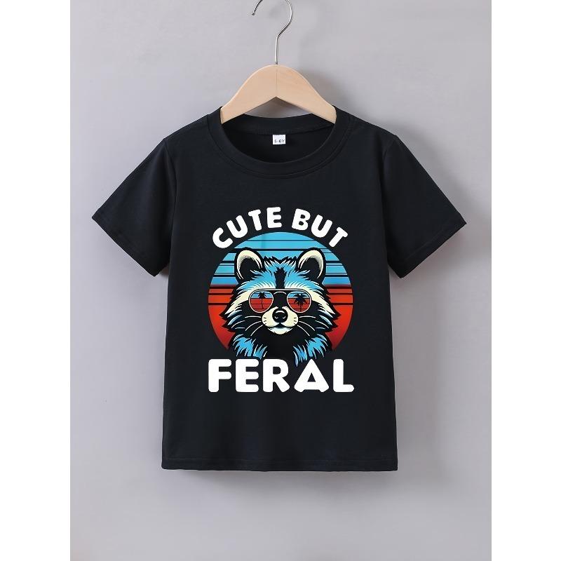 European sizes Boys  Summer Short Sleeve  Cute But Feral  Raccoon Graphic T-Shirt - Casual Round Neck Tee with Colorful Raccoon & Letter Print 98cm