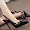 2024 new autumn word with black rhinestone high heels sexy pointed temperament bag head sandals women's stiletto