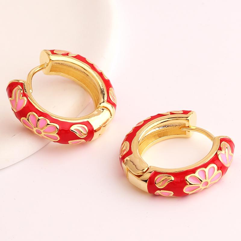 Vintage Enamel Flower Chunky Hoop Earrings For Women Retro Metal Geometric Circle Small Statement Earrings Party Jewelry Gift