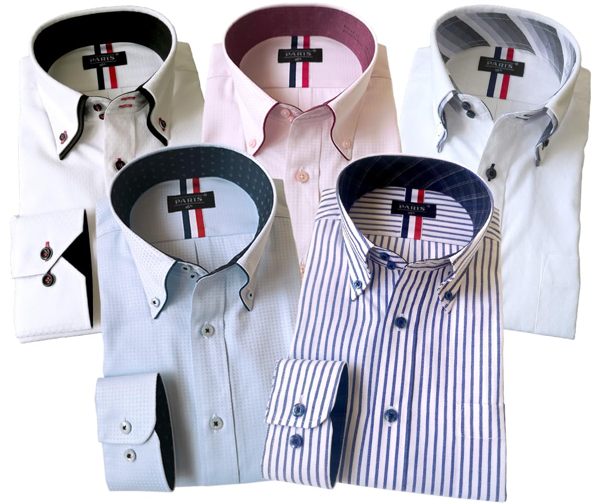 

[Paris 16k] Men s Long-Sleeve Wrinkle-Resistant Button-Down Shirts, Due Bottoni Cutaway, 5-Pack, Size 2 LL