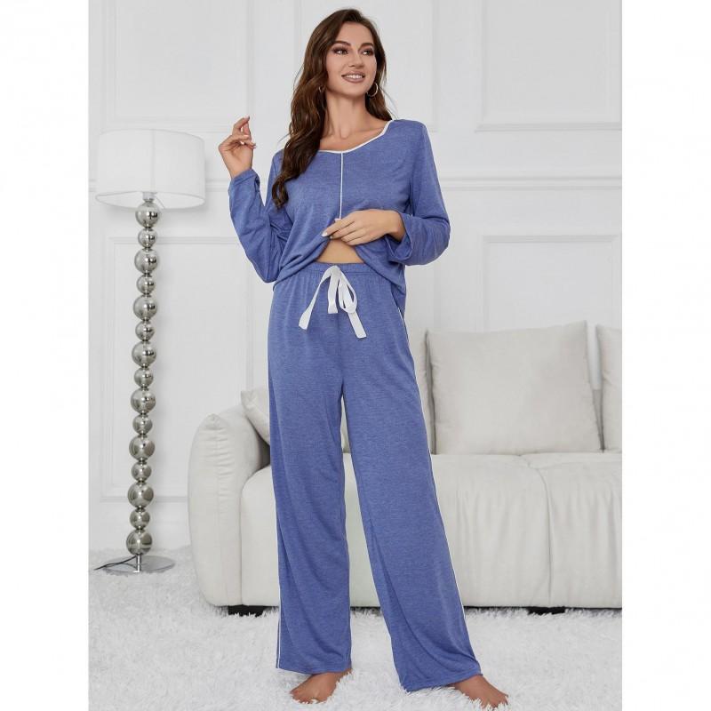 Womens Solid Color Long Sleeve Pajama Set Soft Cotton Lounge Wear Home Outdoor Sleep