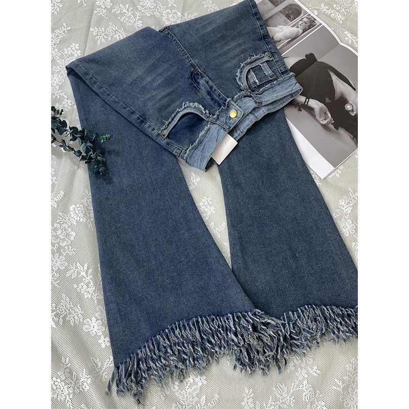 

Расклешенные джинсы женские скинни с кисточками в стиле ампир горячие сексуальные универсальные шикарные осенне-весенние американские уличные женские распродажа дизайн M синий