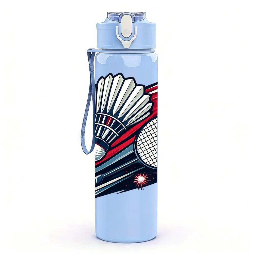 1PC Badminton Shuttlecock Racket Print 750ml Color Plastic Sports Water Bottle Leakproof Flip Straw Lid Suitable for Sports Office Home Use