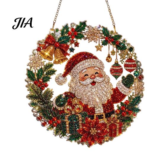 Decorative Acrylic Craft Christmas Faux Diamond Art Suncatcher, 2D Flat Window Hanging Ornament, Seasonal Home Accents Beaded Pattern Holiday