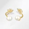ANENJERY Paved Zircon Leaf Pearl Earrings For Women Creative Modified Earlobe Accessories