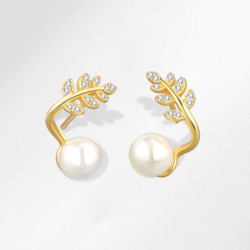 ANENJERY Paved Zircon Leaf Pearl Earrings For Women Creative Modified Earlobe Accessories