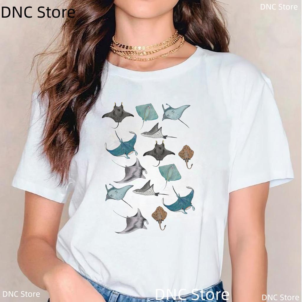 New Women Shark T Shirt Watercolor Shark Shirts,Manta Ray, Marine Creatures, Whale Print Tshirt,Summer Beach Vacation Tshirt Top