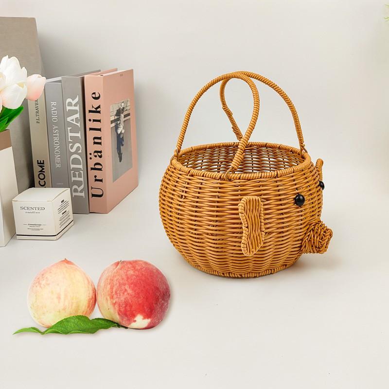 Cartoon Pig Shaped Handheld Storage Basket Kitchen Fruit Snacks Farmhouse Decor PP Plastic Organizer