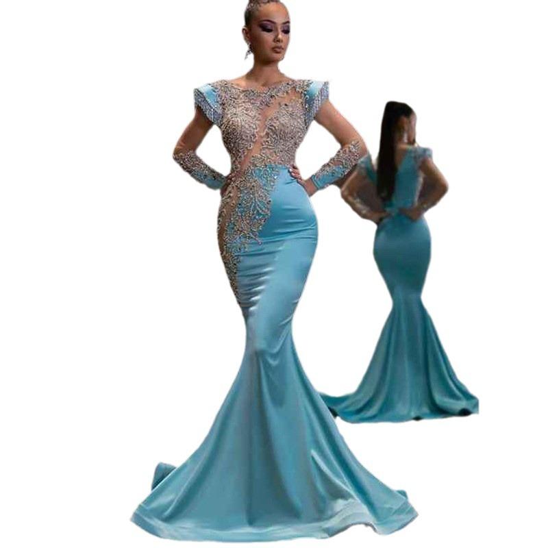 Xqwewanticeaa Women's Light Blue New Daily Fishtail Skirt Banquet Long Sand Gold Series Thin Temperament Evening Dress Cm