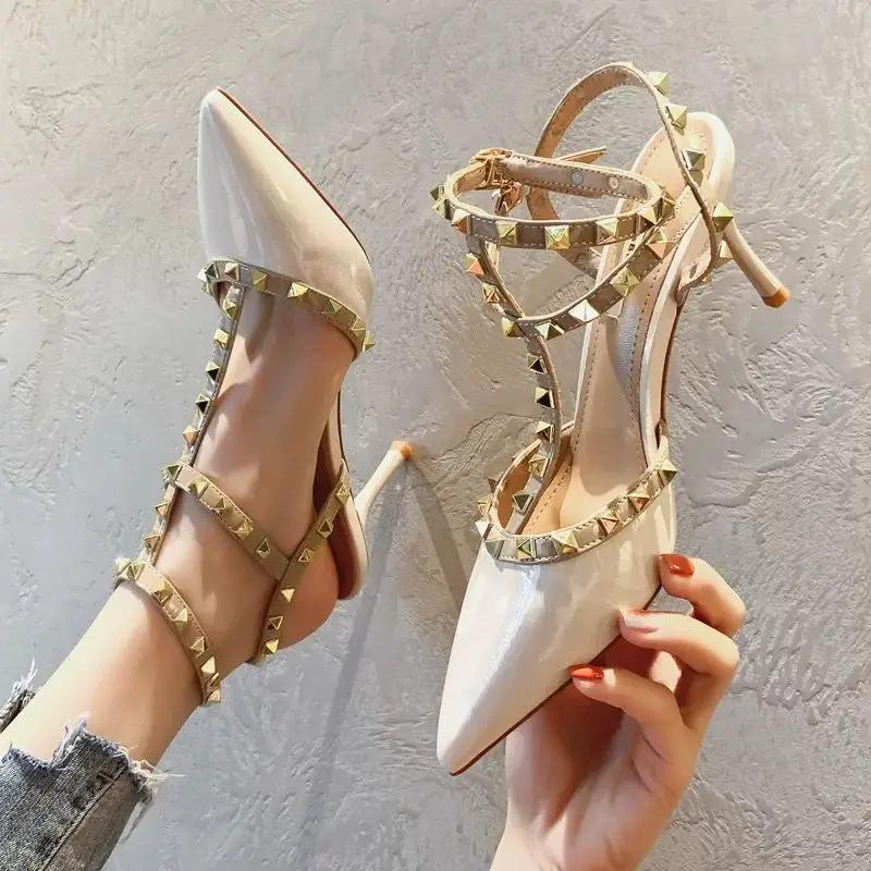 2024 Spring New High Heels Women Stiletto Heel Wild Sexy Pointed Toe Hollow Rivet Single Shoes Women Toe Sandals Women