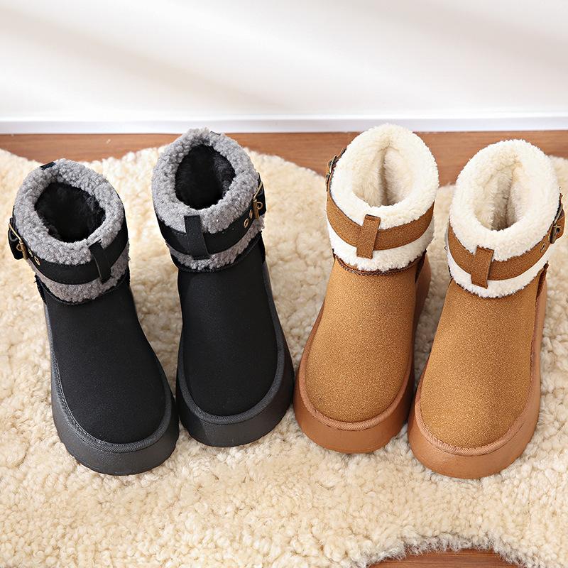Chunky plattform snøstøvler for kvinner Vinter imitert semsket skinn korte støvletter med fuskepelsfôr Dame anti-skli Varm Komfortabel Fleece Ankel Boots Sko