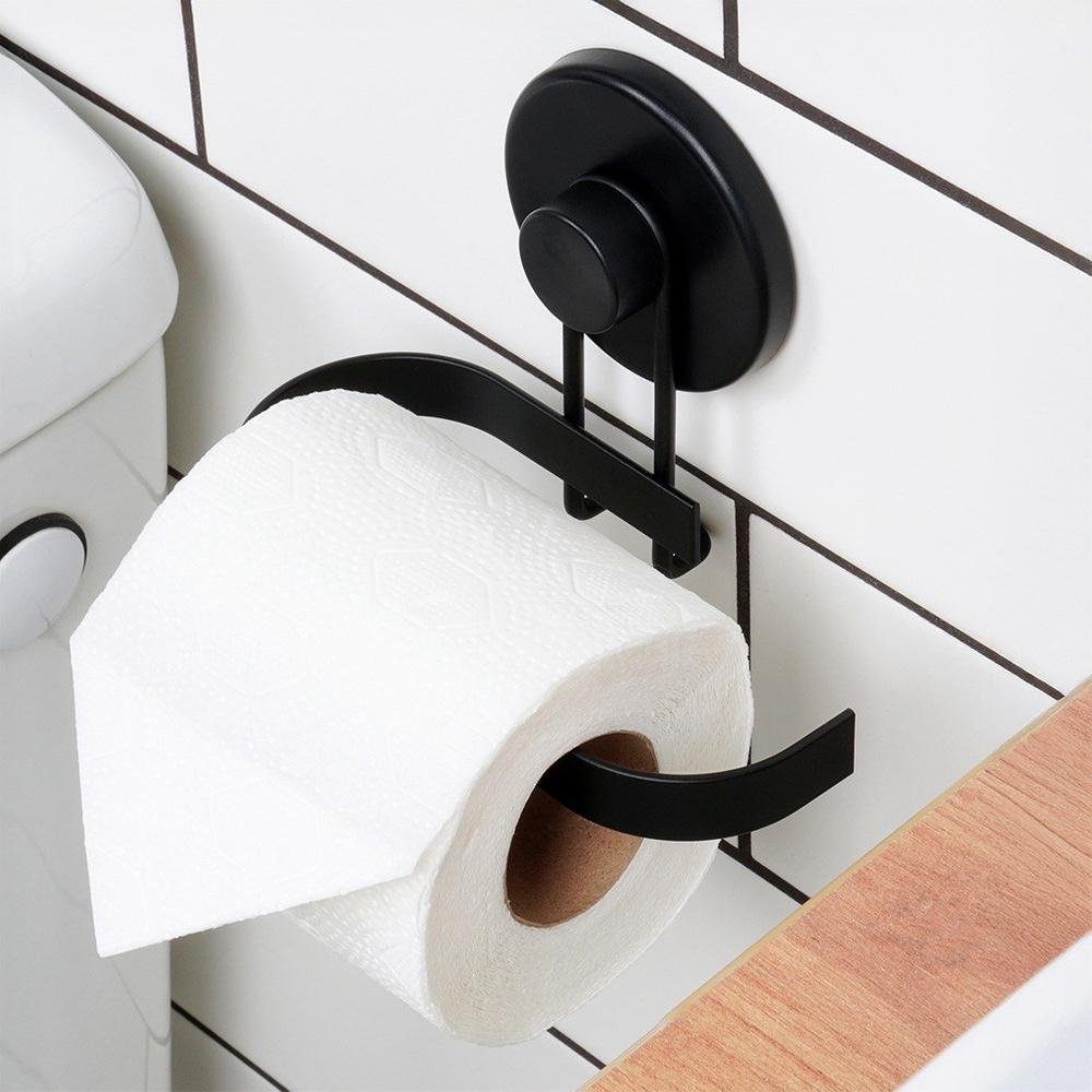 Toilet Paper Holder Wall-Mounted Bathroom Suction Cup Hanger Black