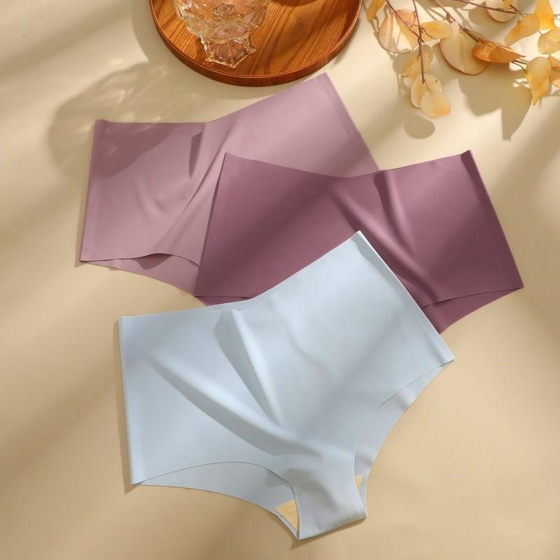 FINETOO Women Ice Silk Panties High-Waist Underwear Seamless and Traceless Briefs Solid Color Lingerie