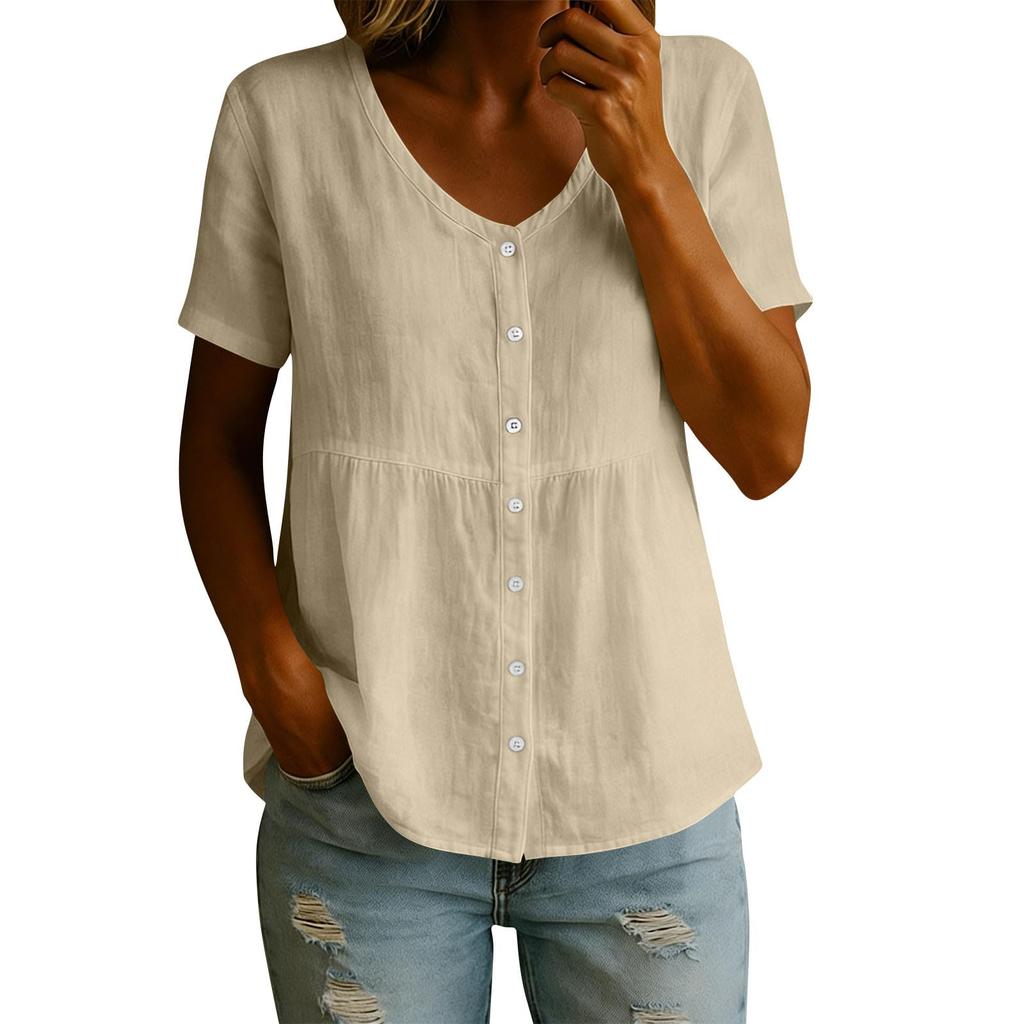 Women's Fashion V-Neck Button-Down Short-Sleeve -Color Casual Top