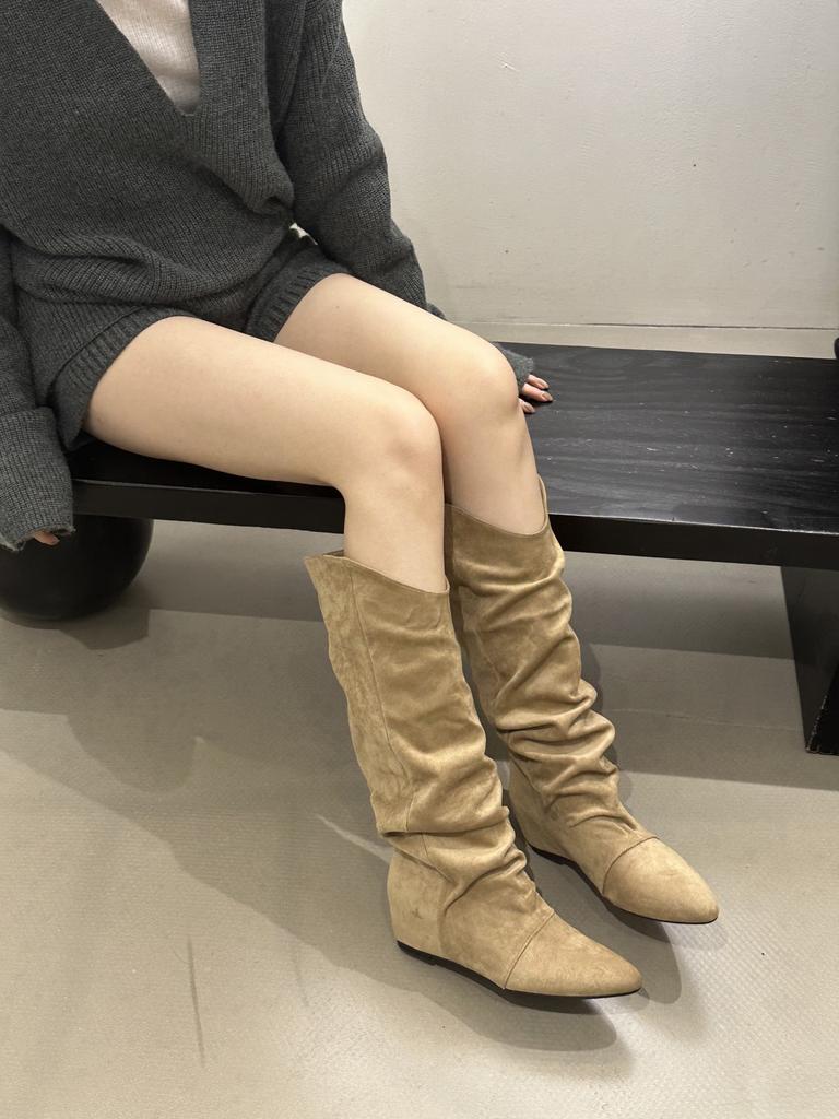 inner suede pleated piled boots women's 2025 autumn and winter new pointed western cowboy boots lapel mid boots women