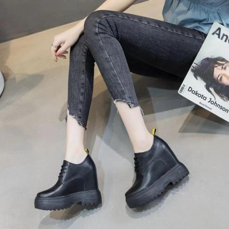 Fashion 11CM Genuine Leather Platform Wedge Sneaker Women Shoes Hidden Heels Women Ankle Boots Autumn Spring Winter plush Warm Boots