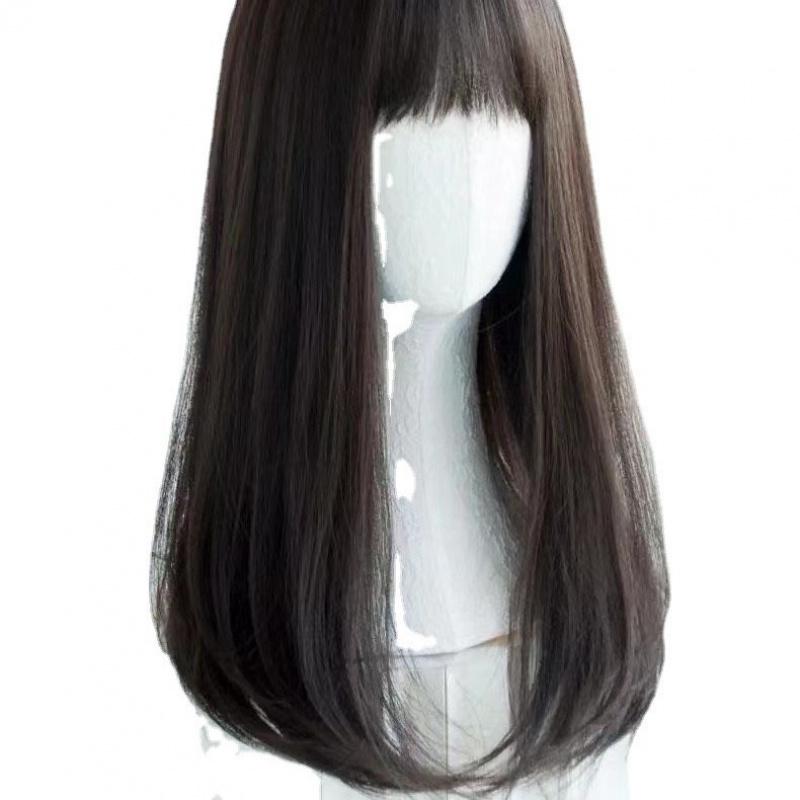 Women's Collarbone‑Length Straight Full Wig, Air Bangs Natural Fluffy Hairstyle for Round Face Face‑Framing Short‑Medium Hair