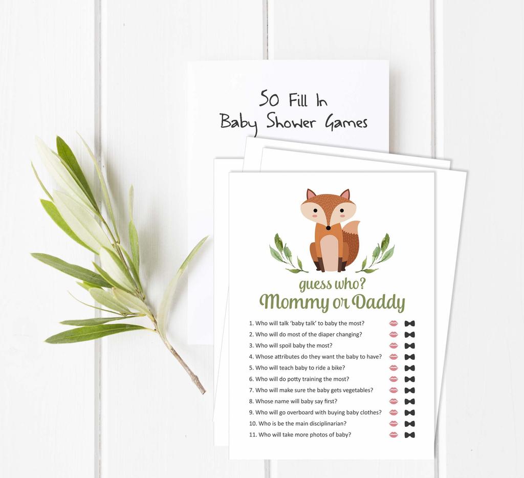 Inkdotpot Who Said it Game Mommy Or Daddy 50 Sheet Fun Baby Shower Game Gender Neutral Fox Animal Party Supply