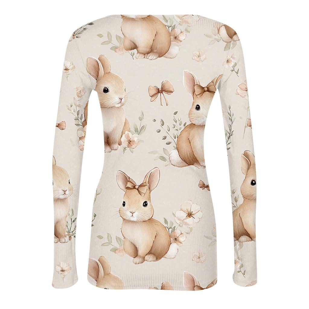 Women's Casual Fashion Round Neck Easter Print Long Sleeve Strip Top