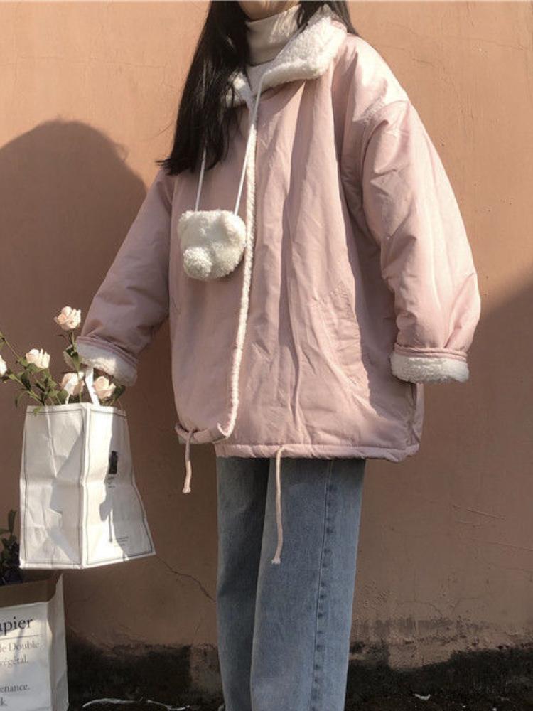 Winter Korean Sweet Warm Lamb Wool Coat Women Chic Cute Two Sided Wear Patchwork Thick Clothes College Style Casual Fashion Outerwear