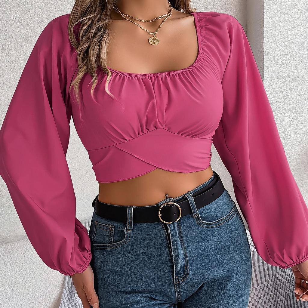 Women Long Sleeve Square Neck Tees Solid Color T Shirt  Ladies Tee Shirt Street Wear Top