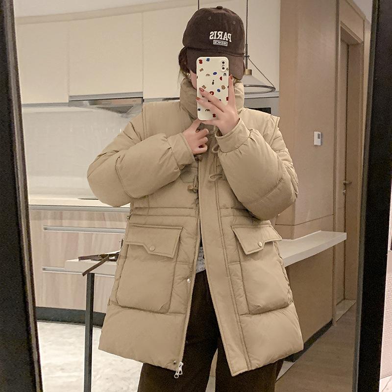 Winter New Style Waisted Horn Button Mid-length Cotton Coat for Women, Fashionable Slim Down Cotton Coat, Stand Collar Jacket