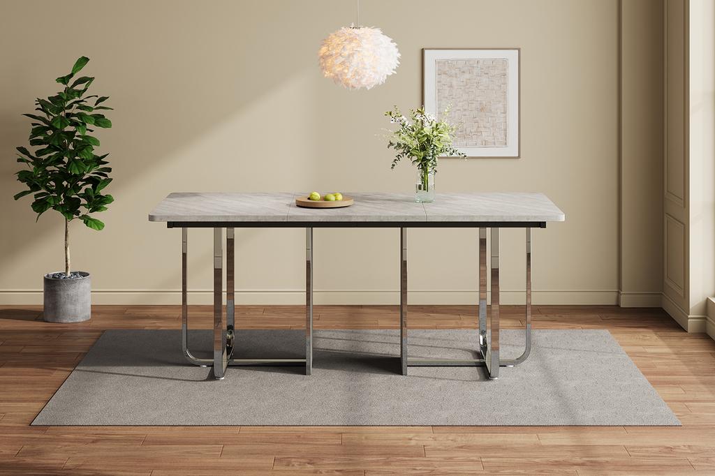 Esstisch, L180*B80*H75cm, Moderner stabiler großer rechteckiger Esstisch für 6 Personen, Metallbeine, Grau + Silber