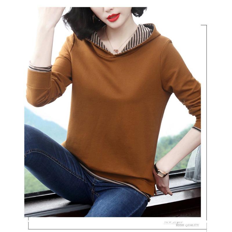 Long-sleeved T-shirt Women Spring New Middle-aged Sweatshirt Mom Fake Two-piece Pure Cotton Top Loose Hooded