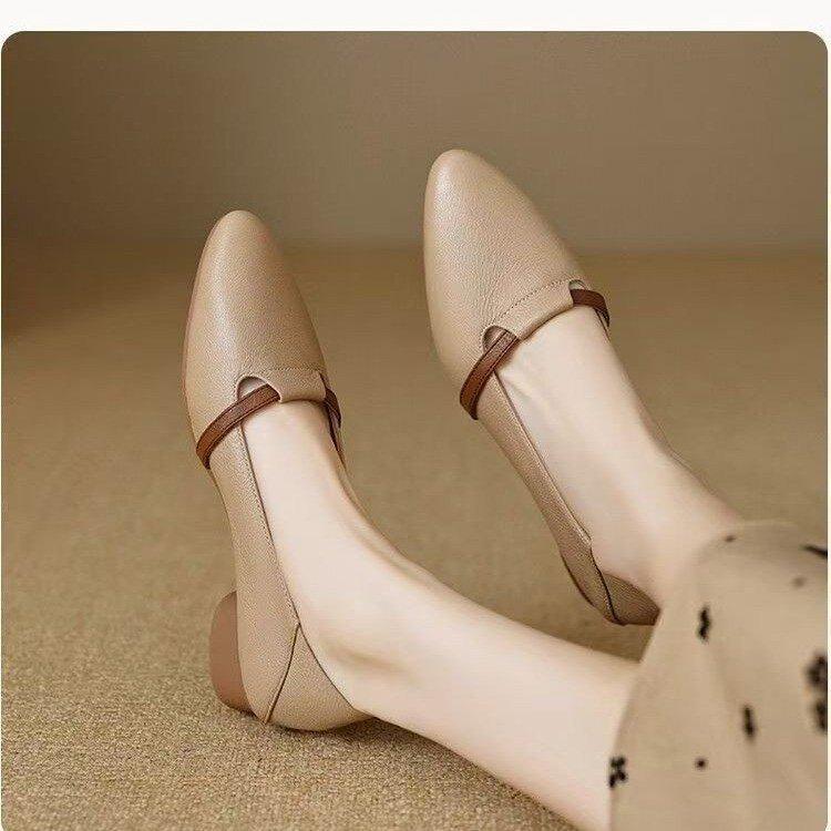 Single Shoes Women's 2025 Spring New Versatile Thick Heel Soft Leather Soft Sole Not Tired Foot Pedal Pointed Work Small Leather Shoes
