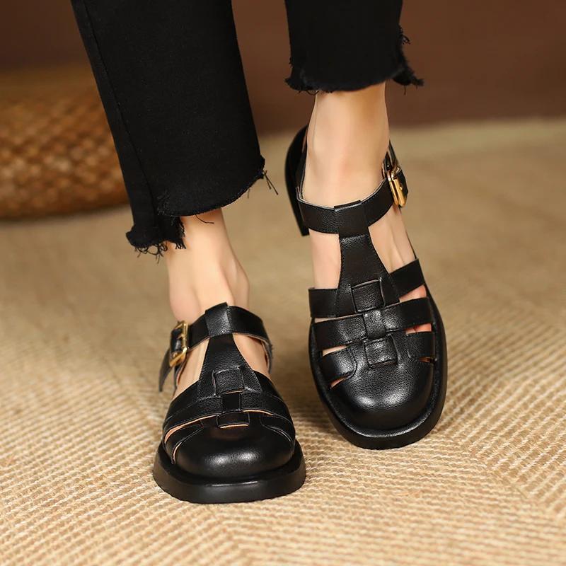 Fashion 2025 Women Sandals Retro Genuine Leather Luxury Roman Sandals Casual Buckle Strap Summer Shoes GLADIATOR Thick Heel Women Shoes